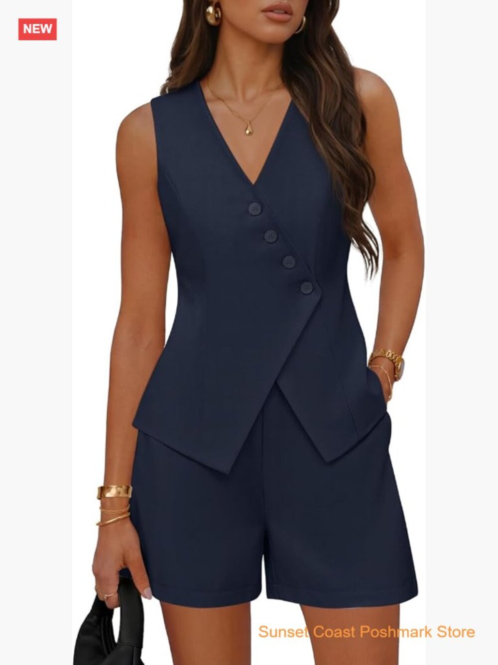 Sleeveless V Neck Button Vest Blazer Shorts Matching Set 2 Piece Business